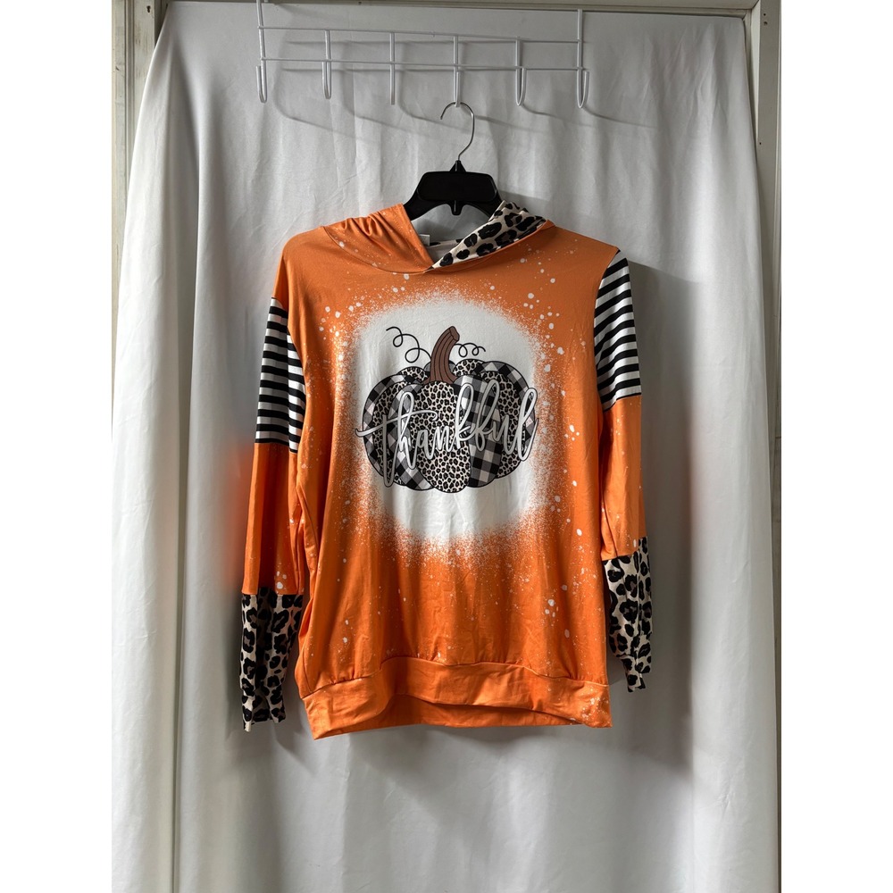 Pumpkin "Thankful" Women's Medium NWOT Orange‎ & Leopard Print Hoodie